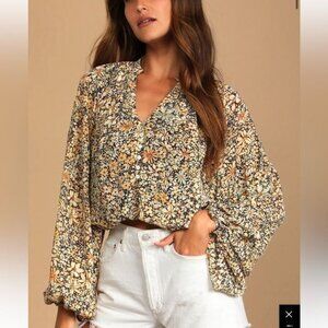 Lulus Multi Floral Balloon Sleeve boho V-Neck Women's Top Size Small